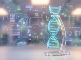 Glowing blue DNA helix on stand with futuristic technology background