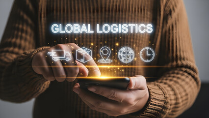 Effortless global logistics management with mobile technology connecting businesses worldwide, streamlining shipping and delivery for seamless supply chain solutions
