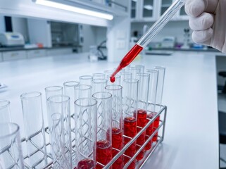 Scientist using pipette to add red liquid to test tubes in laboratory