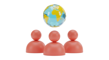 Global team isolated PNG on transparent background, 3D render of people with globe above, teamwork and international collaboration concept