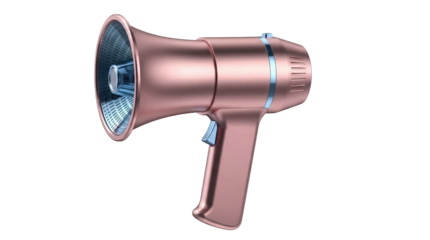 Rose gold megaphone PNG isolated on transparent background, bullhorn loudspeaker for announcements and public address systems