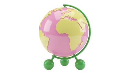 Pink and yellow globe isolated PNG on transparent background, educational geography tool for learning and decoration