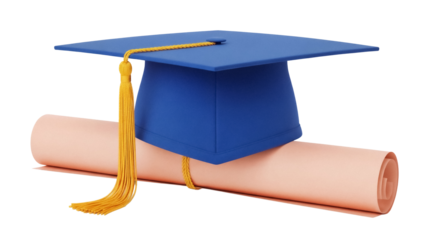 Blue graduation cap and diploma isolated PNG, academic achievement symbol on transparent background for education and celebration