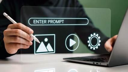 Creating stunning digital content using AI prompt entry on futuristic holographic interface