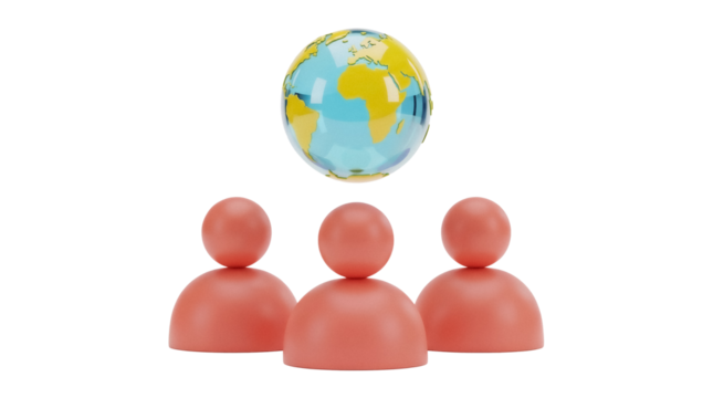 Global team isolated PNG on transparent background, 3D render of people with globe above, teamwork and international collaboration concept