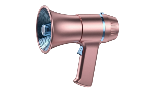 Rose gold megaphone PNG isolated on transparent background, bullhorn loudspeaker for announcements and public address systems