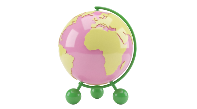 Pink and yellow globe isolated PNG on transparent background, educational geography tool for learning and decoration