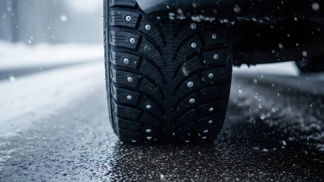 Car winter tire with metal studs on a wet road with falling snow. Safety driving concept in cold weather for transportation design.