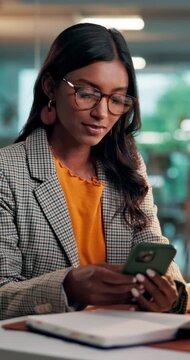 Phone, message and woman with scroll in office for creative project or online article. Communication, glasses and magazine editor with typing for feedback, web review or publishing on technology