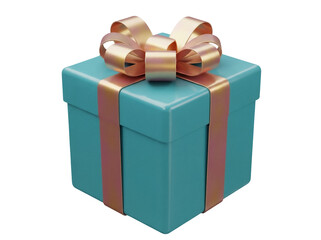 Teal gift box with gold ribbon isolated PNG, present for birthday or Christmas celebration on transparent background
