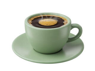 Green coffee cup with dark coffee isolated PNG, hot beverage on transparent background for cafe menu and design use