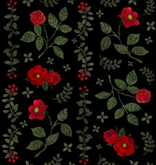 Red rose and berries seamless pattern botanical illustration on black
