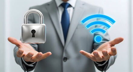 Professional offers secure WiFi connection with modern security, showcasing business technology and digital protection for safe browsing and data privacy today