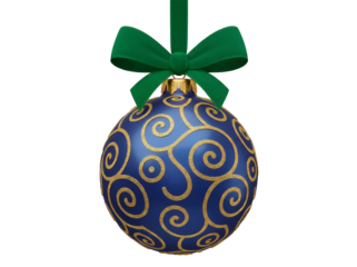 Blue Christmas ornament with golden swirls isolated PNG, festive bauble with green ribbon for holiday decoration and design