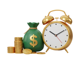 Golden alarm clock and money bag isolated PNG, time is money concept for financial planning and investment on transparent background