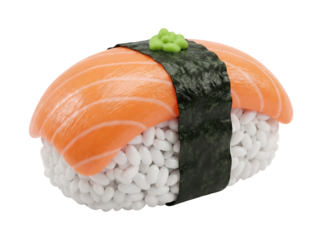 Salmon nigiri sushi isolated PNG on transparent background, Japanese cuisine with rice, fish, seaweed, and wasabi for food design
