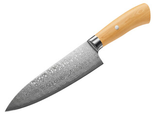 Chef s knife with Damascus steel blade isolated PNG, kitchen utensil with wooden handle for cooking and food preparation