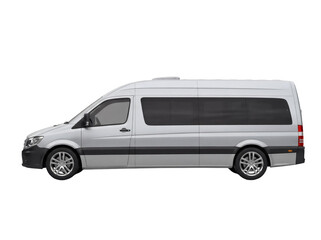 Silver passenger van isolated PNG on transparent background, spacious minibus for group travel and comfortable transportation needs