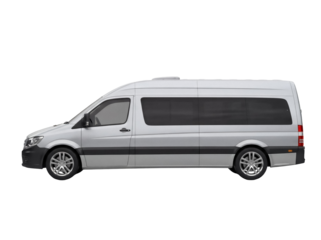 Silver passenger van isolated PNG on transparent background, spacious minibus for group travel and comfortable transportation needs