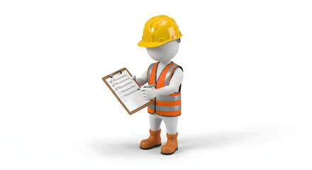 3D worker checks off safety list with hard hat and vest, perfect for construction, inspection, or compliance themes, emphasizing accuracy and attention to detail