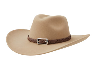 Tan cowboy hat PNG isolated on transparent background, classic western headwear with braided leather band for fashion and costume design