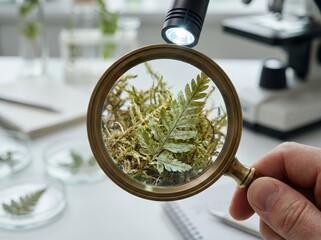 Scientist examining plant specimen with magnifying glass and microscope