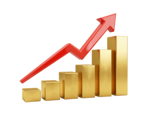 Golden bar graph with red arrow isolated PNG, business growth chart on transparent background, financial success and investment concept