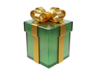 Green gift box with golden ribbon isolated PNG, present for Christmas or birthday on transparent background Holiday celebration and surprise