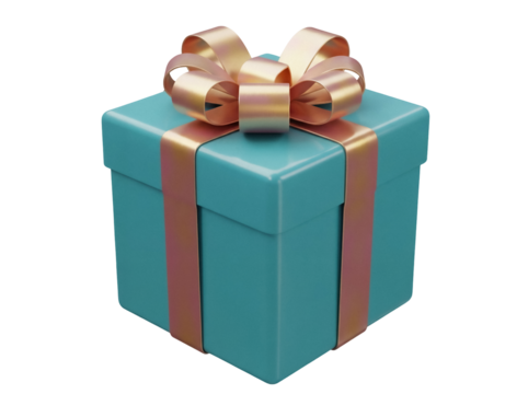 Teal gift box with gold ribbon isolated PNG, present for birthday or Christmas celebration on transparent background
