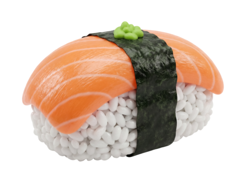Salmon nigiri sushi isolated PNG on transparent background, Japanese cuisine with rice, fish, seaweed, and wasabi for food design