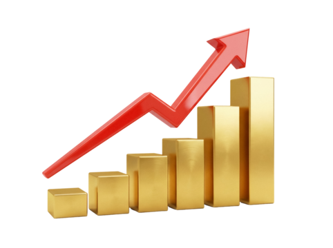 Golden bar graph with red arrow isolated PNG, business growth chart on transparent background, financial success and investment concept