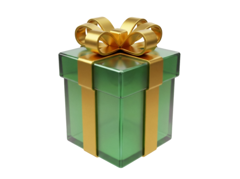 Green gift box with golden ribbon isolated PNG, present for Christmas or birthday on transparent background Holiday celebration and surprise
