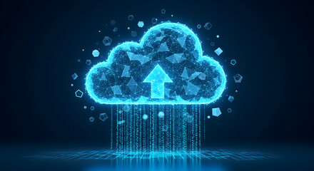 Revolutionary cloud computing with vibrant blue hues and geometric design showcasing seamless data transfer and innovative technology solutions for modern business