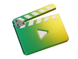 Green and yellow clapperboard PNG isolated on transparent background, film production tool for movie making and video editing