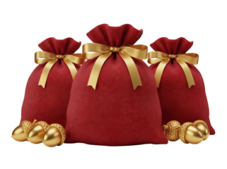Three red velvet gift sacks with golden ribbon and acorns isolated PNG, festive holiday presents for Christmas and New Year s Eve