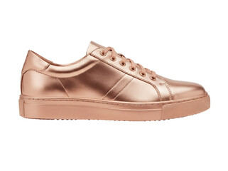Rose gold leather sneaker isolated PNG on transparent background, stylish fashion footwear for casual wear and athletic activities