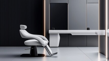 Modern Hair Salon Interior with Sleek White Chair and Minimalist Design.