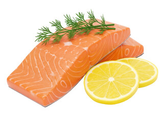 Fresh salmon fillet with dill and lemon isolated PNG, raw fish steak on transparent background for healthy eating and gourmet food concepts
