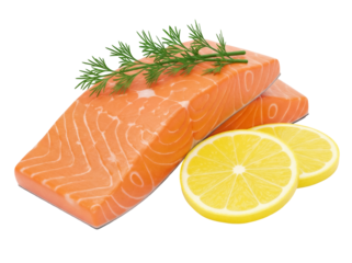Fresh salmon fillet with dill and lemon isolated PNG, raw fish steak on transparent background for healthy eating and gourmet food concepts