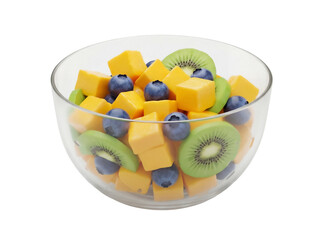 Fresh fruit salad in glass bowl isolated PNG, healthy dessert with mango, kiwi, and blueberries on transparent background