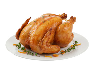 Roasted chicken isolated PNG on a plate, golden brown poultry with herbs and orange zest for Thanksgiving or Christmas dinner
