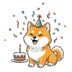 Happy Birthday Shiba Inu Dog with Party Hat and Cake