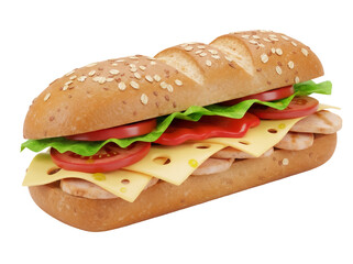 Delicious sub sandwich with cheese, tomato, and lettuce isolated PNG, appetizing snack for lunch or dinner on transparent background