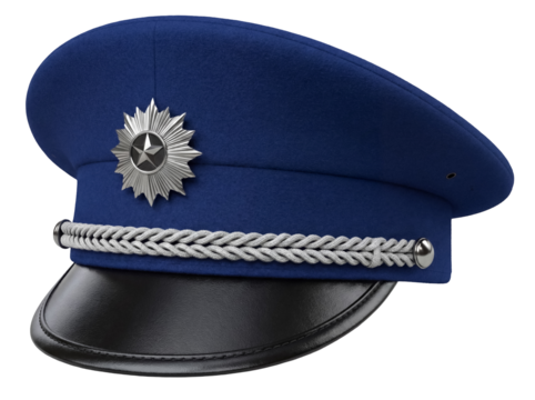 Blue peaked cap isolated PNG on transparent background, police officer hat with silver braid and star badge for uniform design