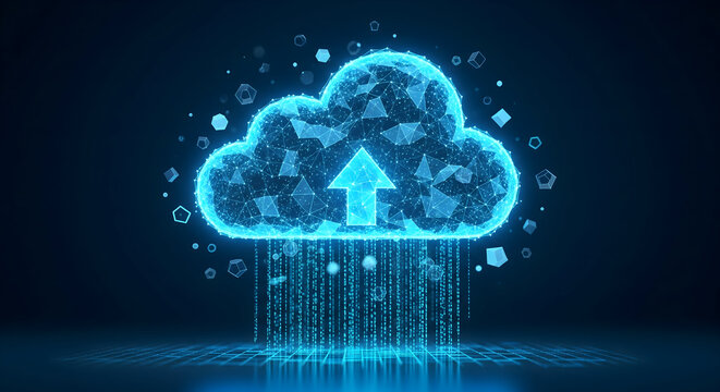 Revolutionary cloud computing with vibrant blue hues and geometric design showcasing seamless data transfer and innovative technology solutions for modern business