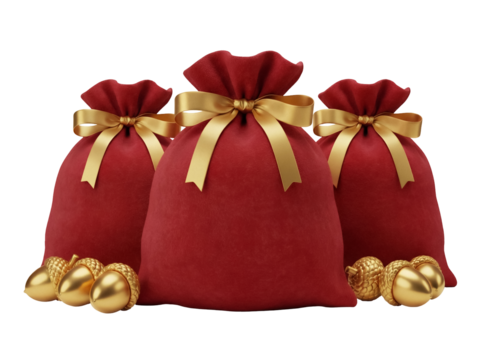 Three red velvet gift sacks with golden ribbon and acorns isolated PNG, festive holiday presents for Christmas and New Year s Eve
