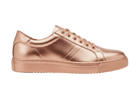 Rose gold leather sneaker isolated PNG on transparent background, stylish fashion footwear for casual wear and athletic activities