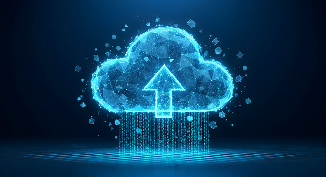 Modern cloud computing concept with digital upload arrow for data storage and networking solutions in vibrant blue for tech industry applications