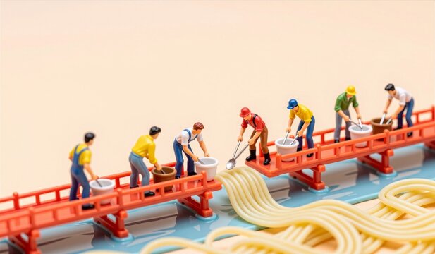 Miniature workers building a bridge over a sea of noodles in a creative kitchen scene
