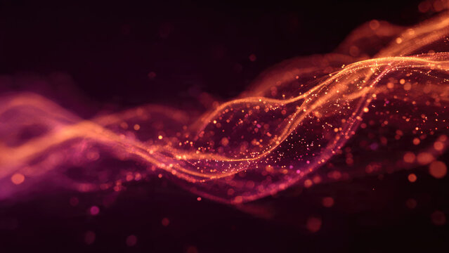 Dynamic abstract background with glowing orange and magenta particle waves. Energetic digital flow creating a vibrant, futuristic data stream on a dark backdrop.